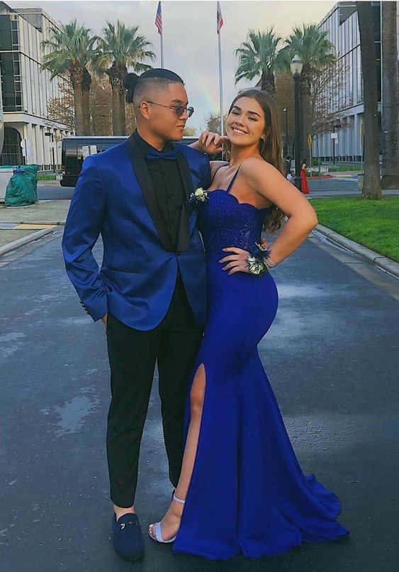 Sexy Royal Blue Sheath Elastic Satin Side Slit Blue Mermaid Prom Dress cg24888