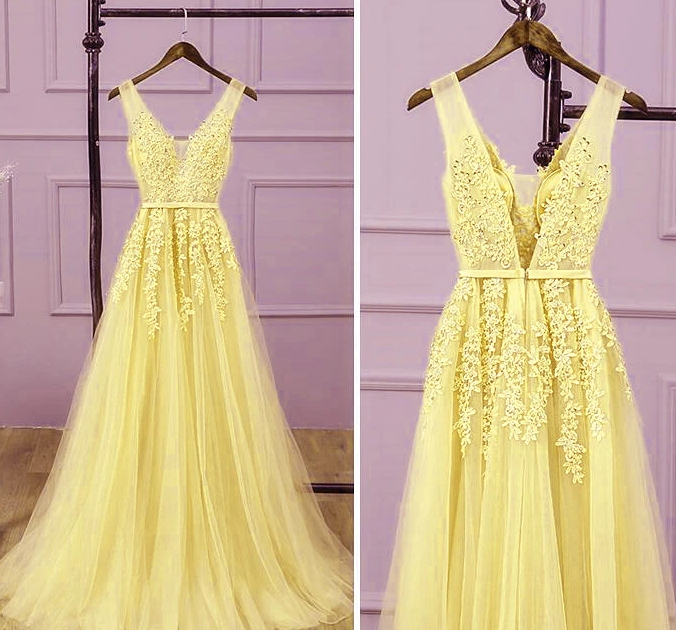 Long V-Neckline Lace Applique And Tulle Bridesmaid Dress, Yellow Prom Dress Party Dress cg10386