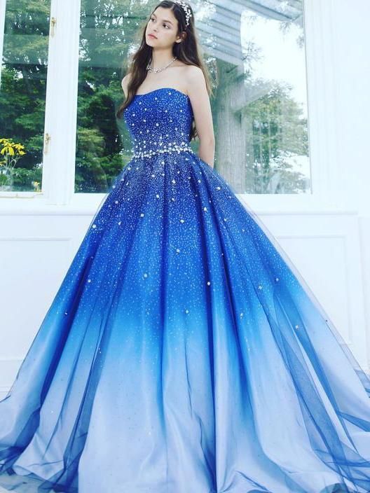 A Line Blue Strapless Sweetheart Ombre Sweep Train Ball Gown Beads Tulle Prom Dresses cg1063