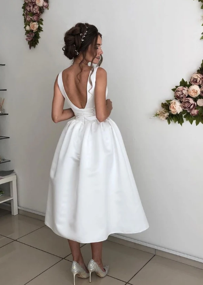 SIMPLE V NECK SATIN BRIDESMAID DRESS, TEA LENGTH PROM DRESS cg10788