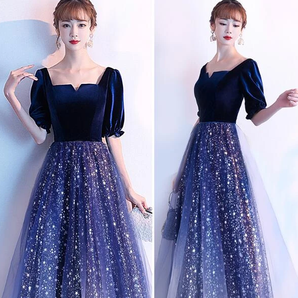 Navy Blue Shiny Tulle And Velvet Long Bridesmaid Dress, Wedding Party prom Dress cg10818