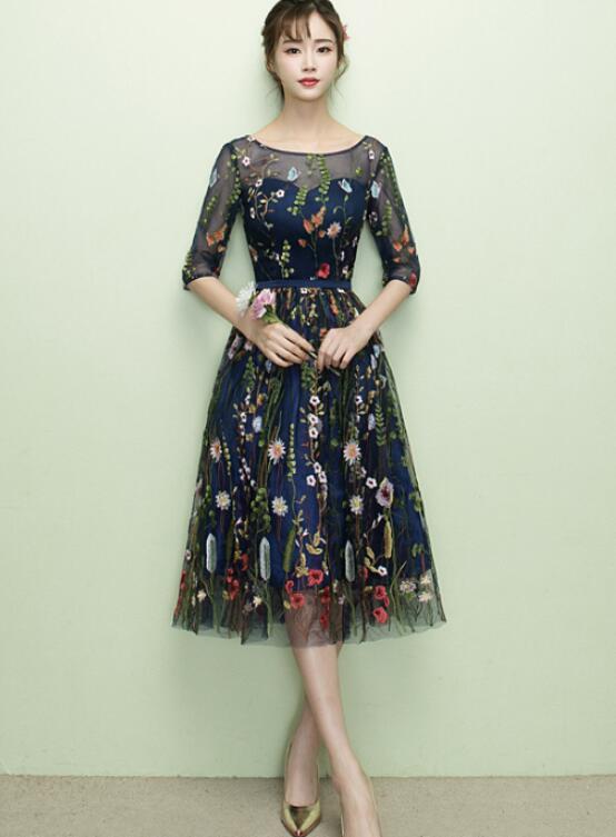 Lovely Navy Blue Lace Floral Knee Length Bridesmaid Dress, Blue Short Party Dress Homecoming Dress cg11686
