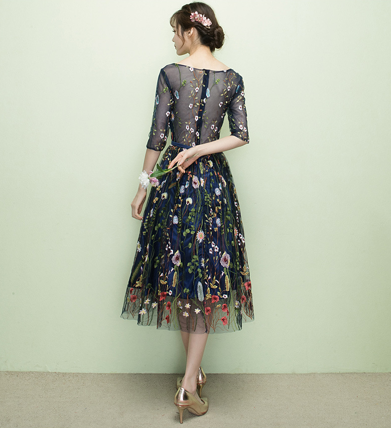 Lovely Navy Blue Lace Floral Knee Length Bridesmaid Dress, Blue Short Party Dress Homecoming Dress cg11686