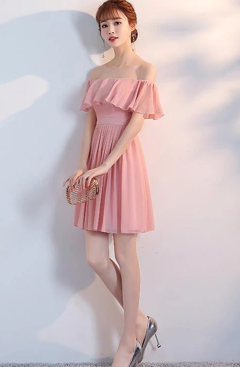 Lovely Off Shoulder Light Pink Short Bridesmaid Dress, Pink Homecoming Dresses cg11727