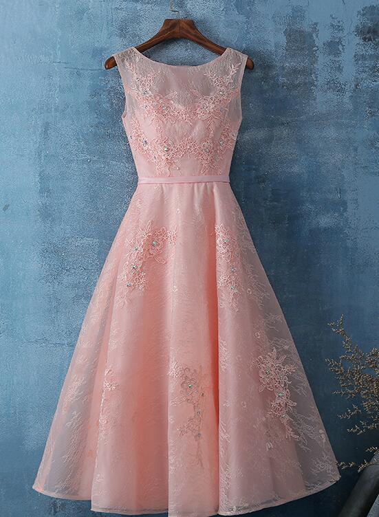 Pink Lace Tea Length Simple Bridesmaid Dress Homecoming Dress cg12023
