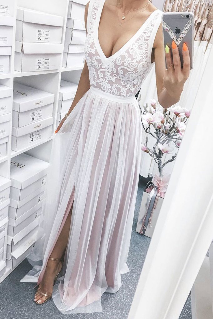 Light pink tulle lace long prom dress tulle lace bridesmaid dress cg12073