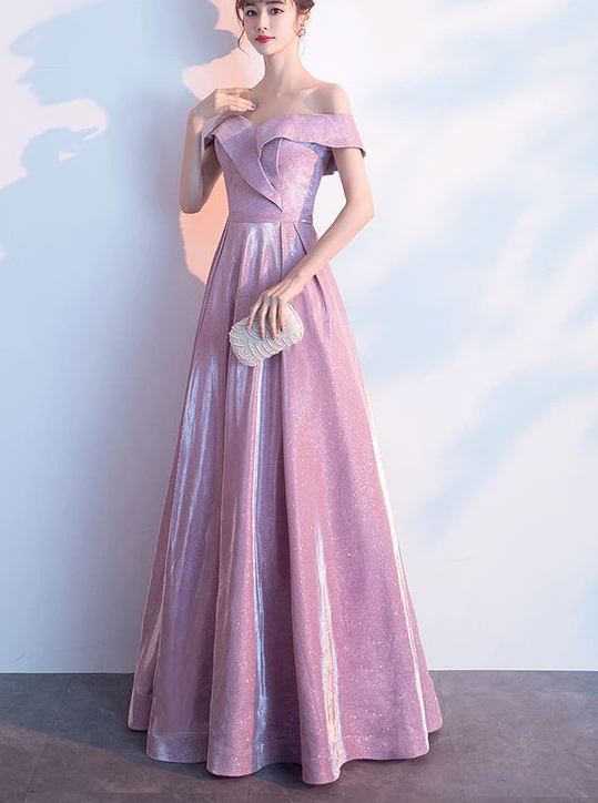 Beautiful Off Shoulder Pink Shiny Long Bridesmaid Dress, Cute Prom Dress cg12692
