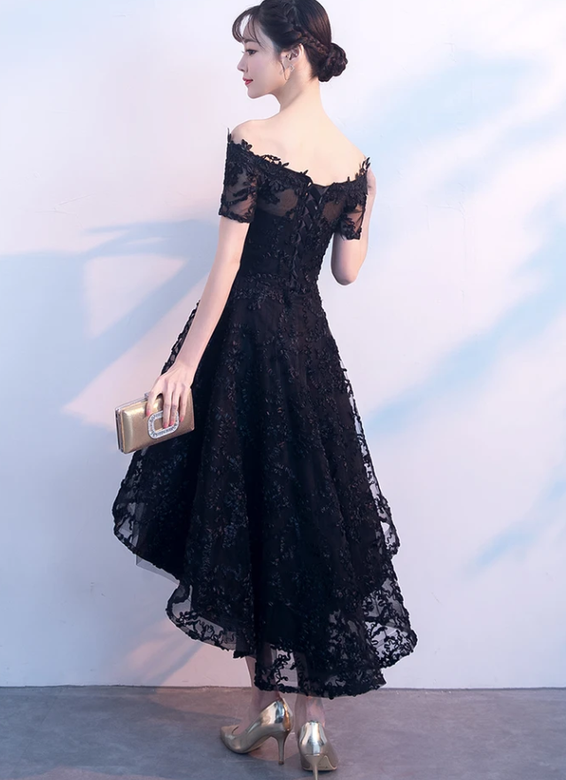 Lovely Black Lace Off Shoulder Bridesmaid Dress, Lace Off Shoulder Black Party Dress prom dress evening dress cg13079