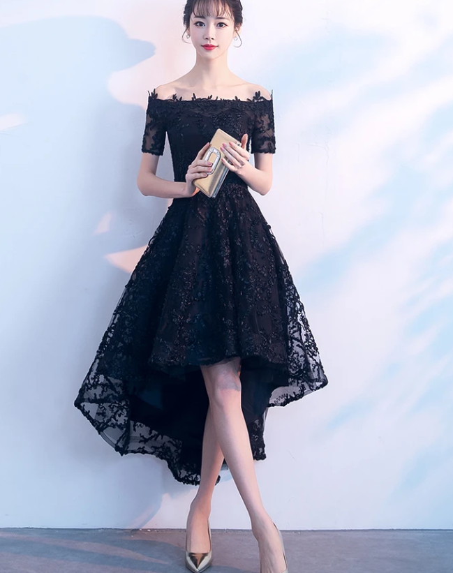 Lovely Black Lace Off Shoulder Bridesmaid Dress, Lace Off Shoulder Black Party Dress prom dress evening dress cg13079