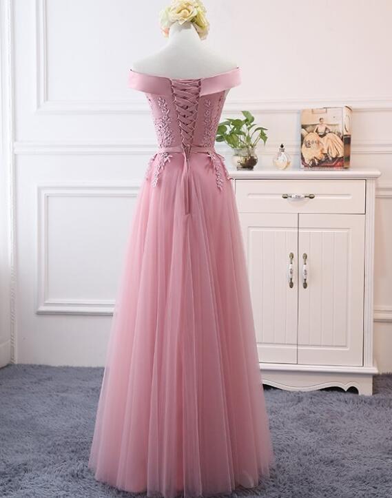 Pink Off Shoulder A-Line Tulle Floor Length Bridesmaid Dress, Pink Prom Dress cg13426