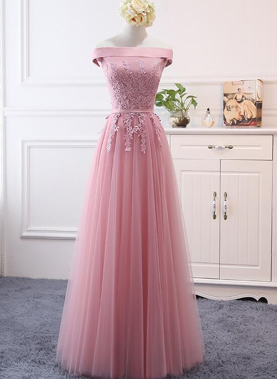 Pink Off Shoulder A-Line Tulle Floor Length Bridesmaid Dress, Pink Prom Dress cg13426