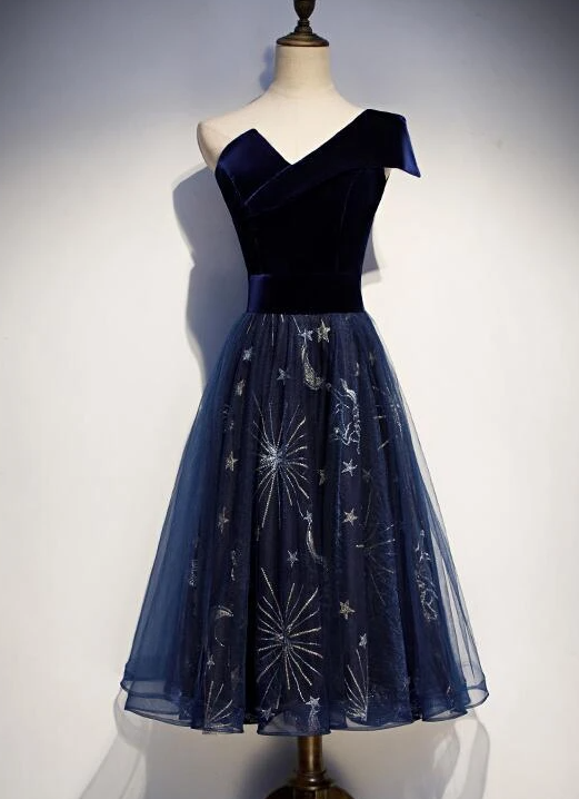 Elegant Navy Blue One Shoulder Bridesmaid Dress, Blue Wedding Party Dresses Prom Dress cg15009