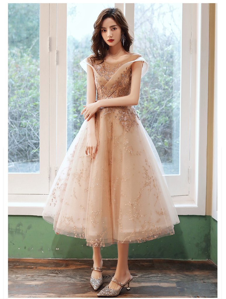 Light Champagne Applique Tulle Cap Sleeves Party Dress Prom Dress Bridesmaid Dress cg16877