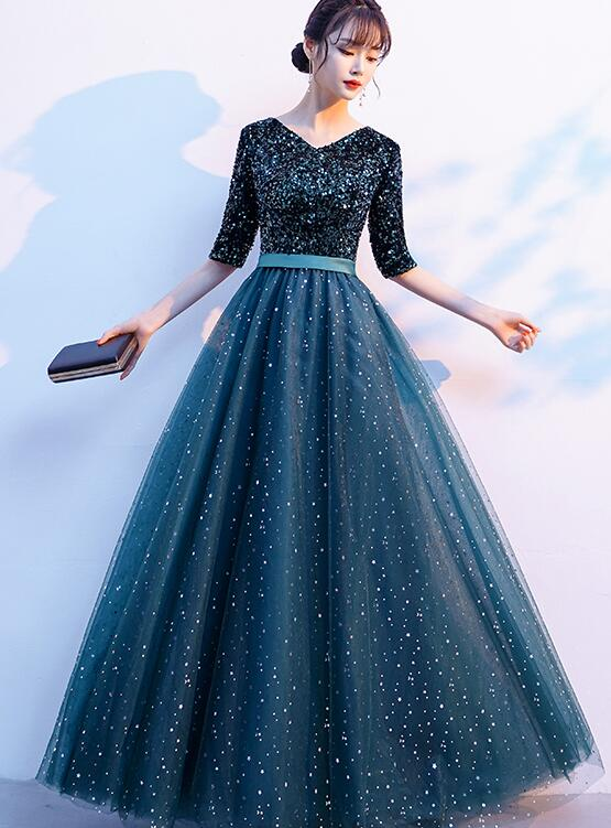Green Sequins And Tulle Short Sleeves Long Bridesmaid Dress, Green A-Line Wedding Party Dress A line prom dress cg20332