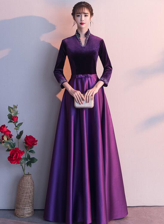 Dark Purple Satin Long Sleeves Beaded Velvet Bridesmaid Dress, Purple Formal prom Dress cg20522