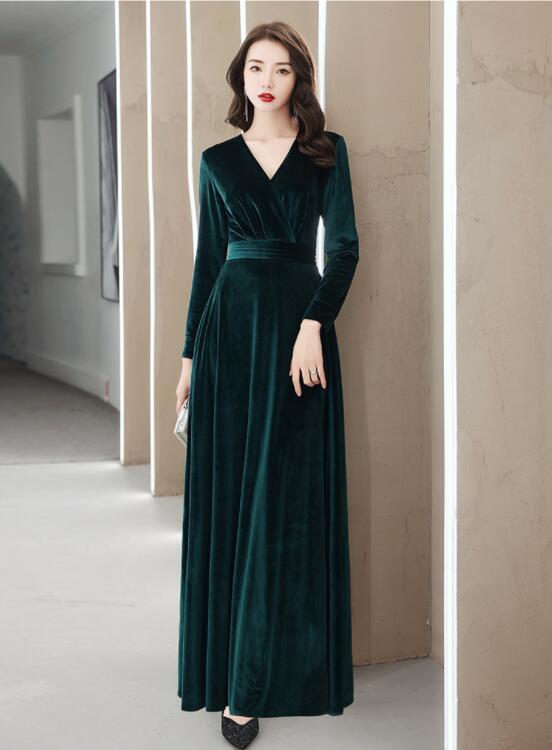 Elegant Velvet Long Sleeves V-Neckline Prom Dress. Velvet Bridesmaid Dress Party Dress cg21074