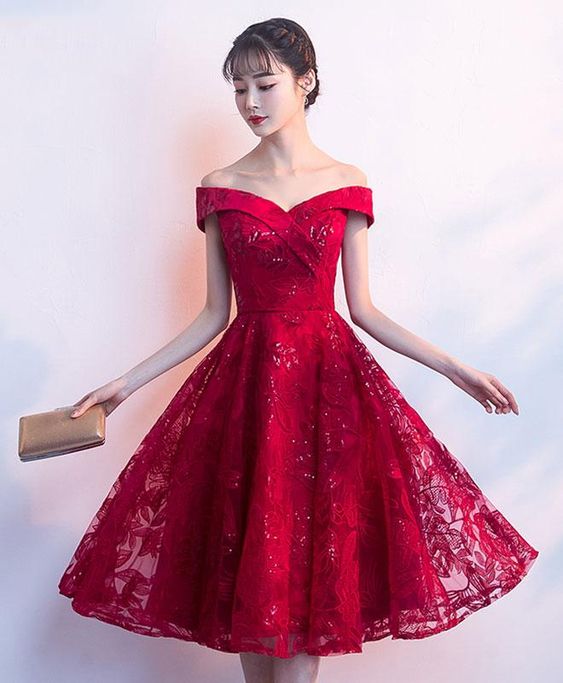 Cute burgundy Homecoming Dress, Off Shoulder Bridesmaid Dress cg23194
