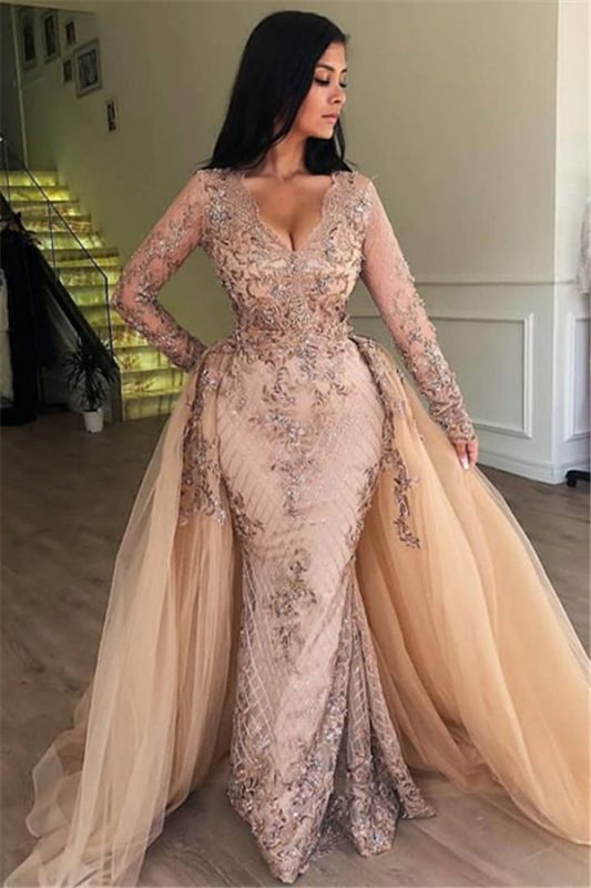 Elegant V-Neck Long Sleeves Tulle Evening Dresses | Sexy Mermaid Appliques Prom Dresses with Detachable Skirt cg23851