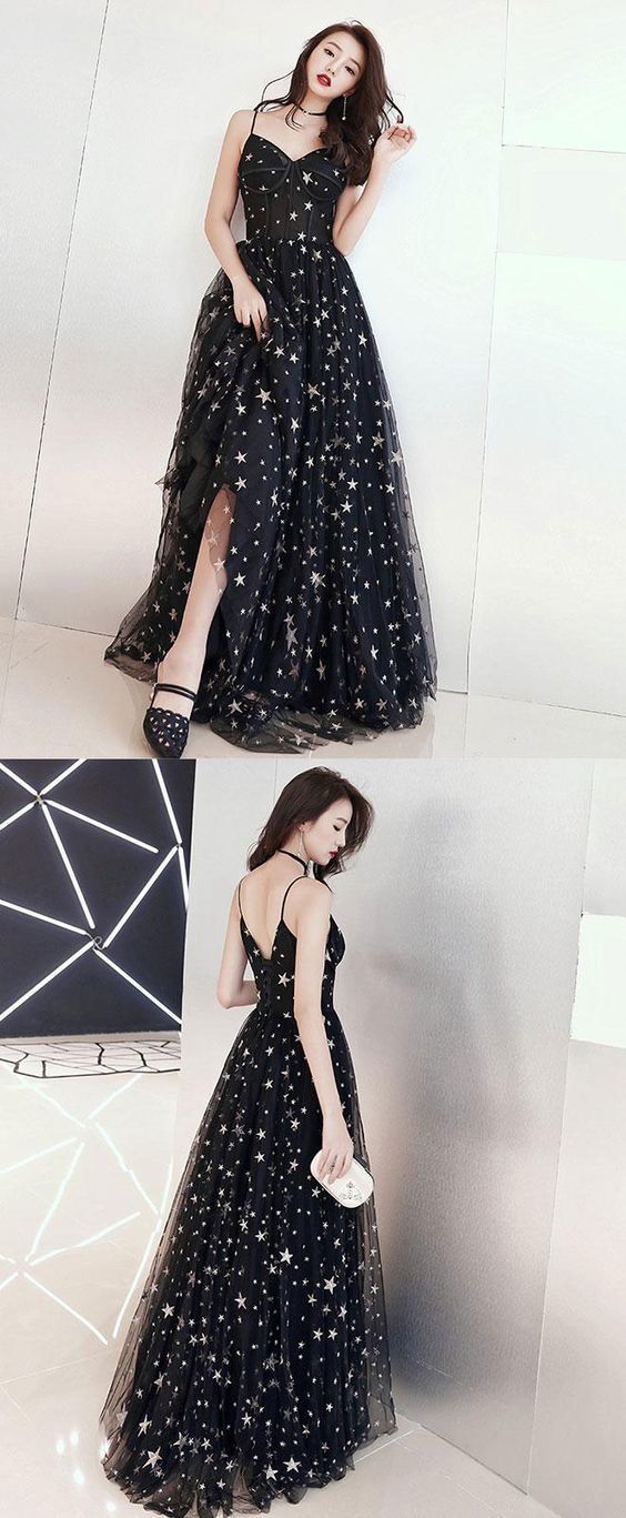 Black v neck tulle long prom dress, black evening dress cg628