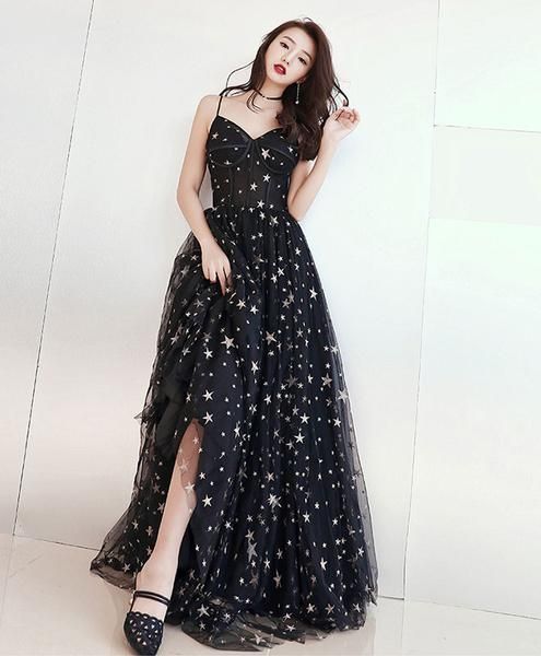 Black v neck tulle long prom dress, black evening dress cg628