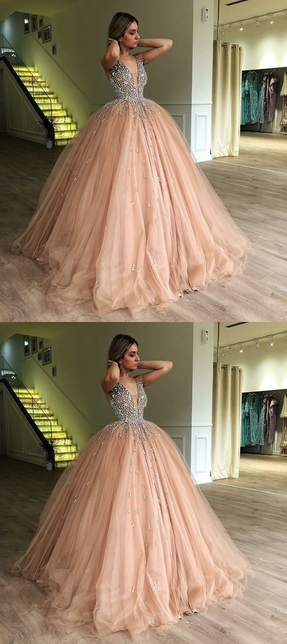 Ball Gown Deep V-Neck Low Cut Champagne Quinceanera Dress with Beading , sparkly prom dress cg635