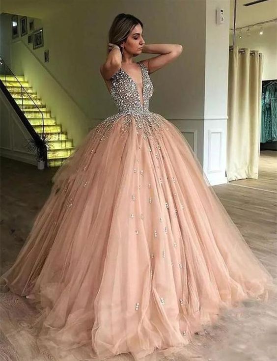 Ball Gown Deep V-Neck Low Cut Champagne Quinceanera Dress with Beading , sparkly prom dress cg635