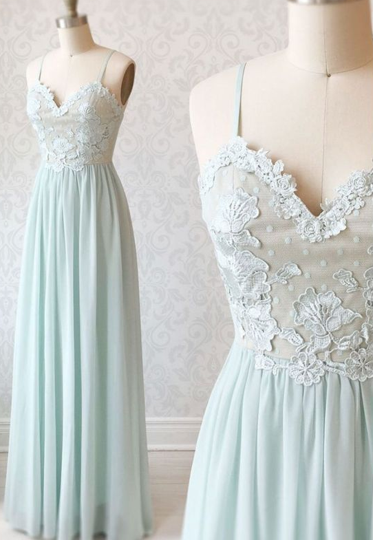 Light Mint Chiffon Simple Spaghetti Straps Prom Dress, Bridesmaid Dress With Applique cg7432