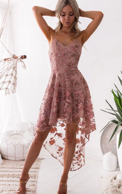 PINK V NECK TULLE LACE HIGH LOW PROM DRESS LACE BRIDESMAID DRESS cg7833