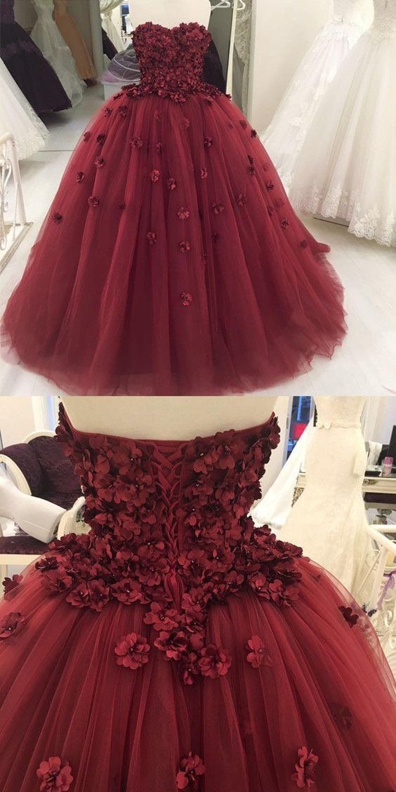 Strapless Burgundy Tulle Ball Gown Prom Dress, Formal Evening Dress, Women Dress cg845