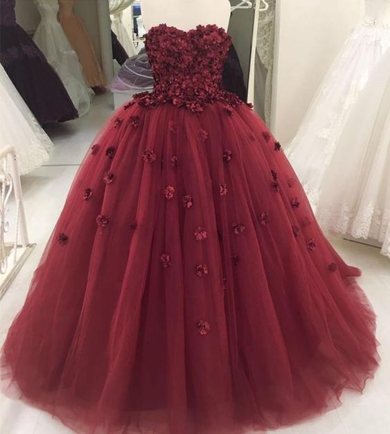 Strapless Burgundy Tulle Ball Gown Prom Dress, Formal Evening Dress, Women Dress cg845