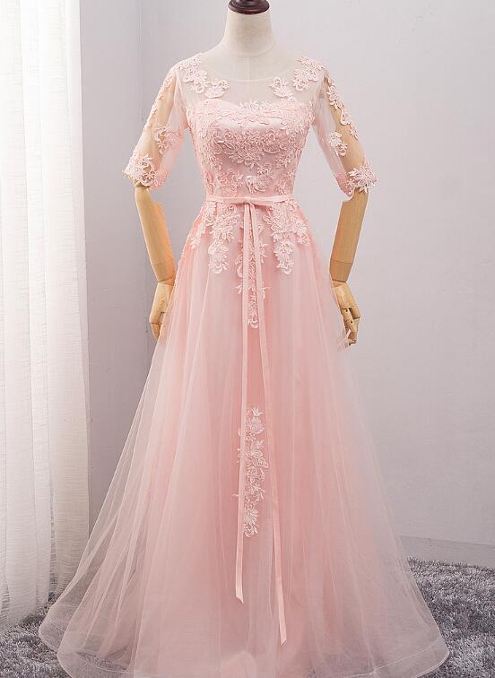 Pink Tulle Short Sleeves Long Bridesmaid Dress, Pink Evening prom Gown cg9323