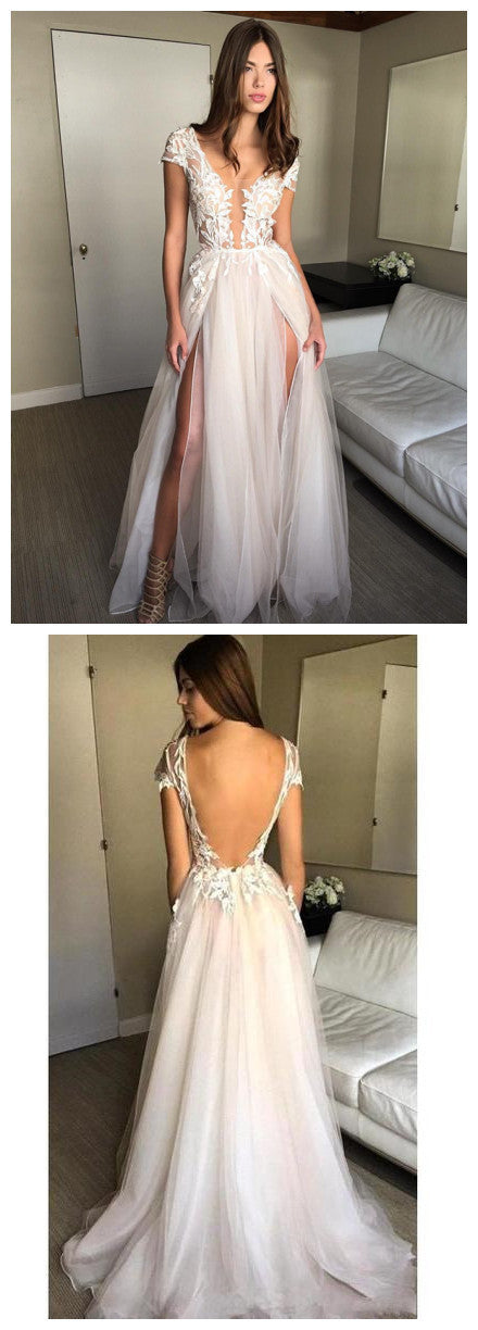 Cap Sleeve A-line Lace Tulle Long Backless Prom Dress Slit Evening Dress cg969