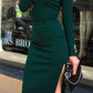 Long sleeves dark green prom party dress with split   cg9879