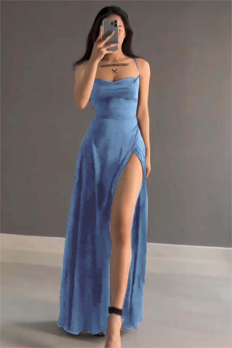 Simple Stain Spaghetti Strap Sleeveless Long Prom Dress with Split     cg25245