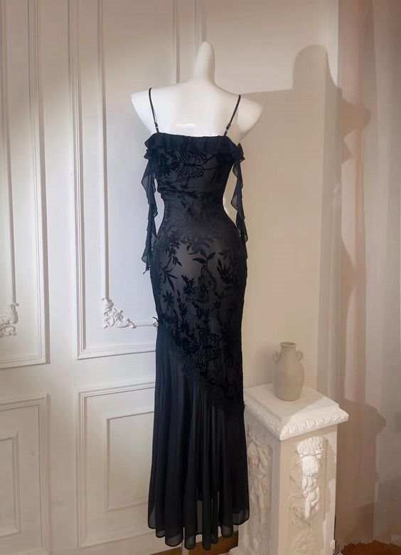 Chic Sheath Spaghetti Straps Black Evening Dress Long Prom Dresses       cg25214