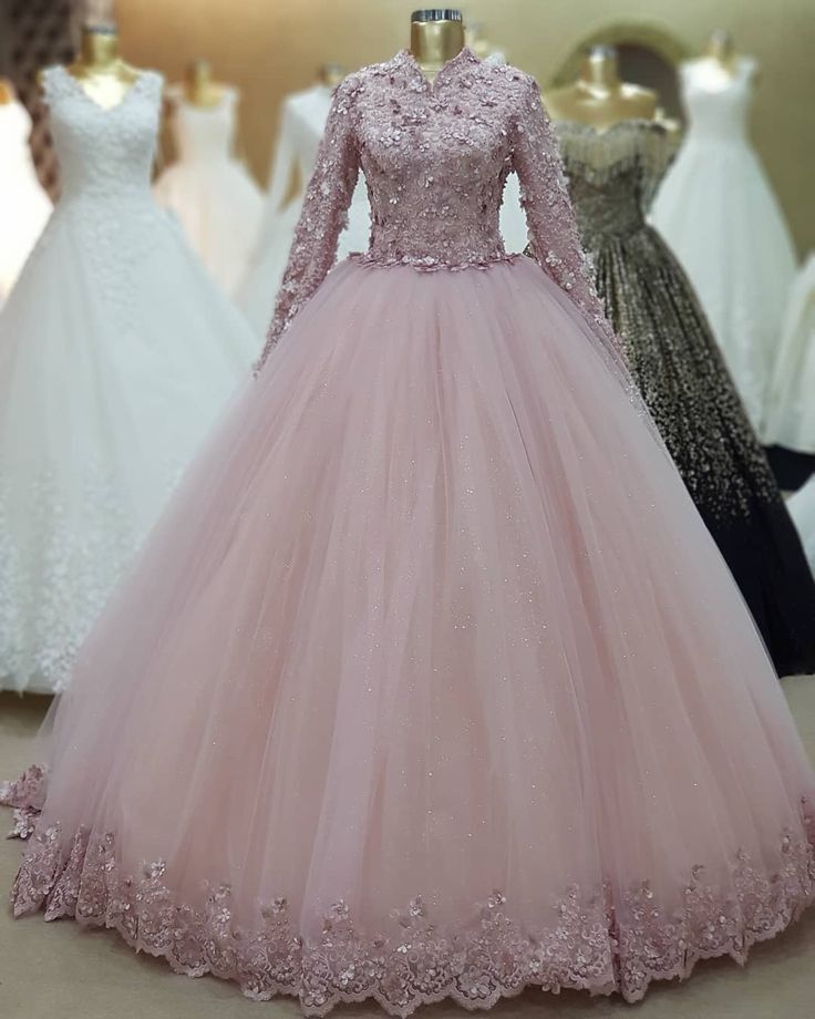 Ball Gown Long Sleeves Pink Tulle Evening Dress     cg25203