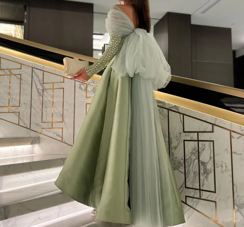 Long Sleeves Off Shoulder Satin Evening Dresses With Bow Long Arabic Prom Gown     cg25156