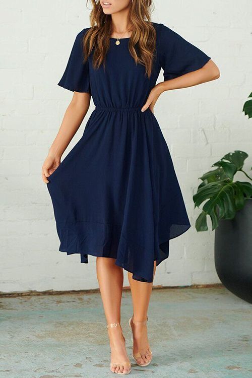 Round Neck Flared Sleeves Navy Prom Dress  cg8525