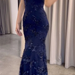 navy blue mermaid tulle and sequins long formal prom dress with v neckline and lace up back   cg10962