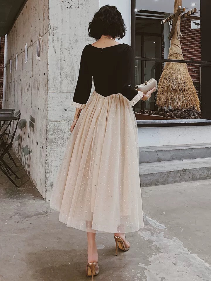 Long Sleeve Prom Dress ,elegant Midi Dress, Black And Champagne Party Dress           cg23628