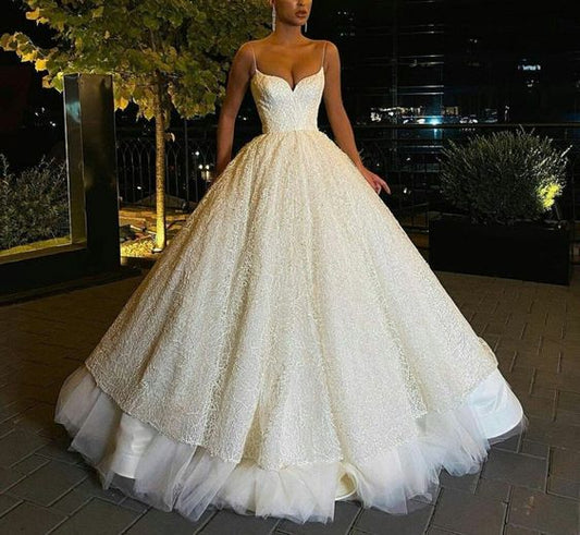 Classy Spaghetti Straps Lace Ball Gown Wedding Dress     cg25179