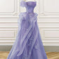 A-Line Off Shoulder Tulle Lace Purple Long Prom Dress, Purple Lace Long Formal Dress    cg25024