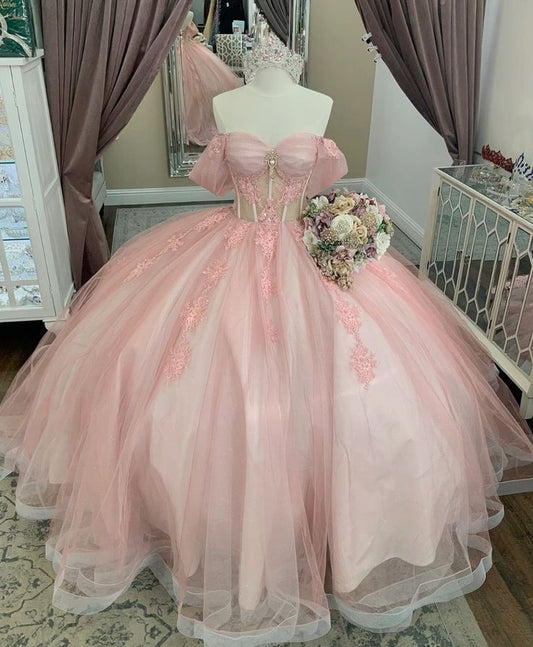 Glitter Pink Off the Shoulder Quinceanera Dresses Ball Gown Prom Dress Crystal Appliques Lace Tull Sweet 16 Vestidos 15 De XV Anos      cg25059