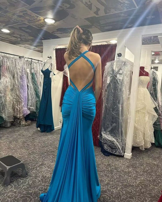 Blue V Neck Mermaid Long Prom Dresses     cg25123