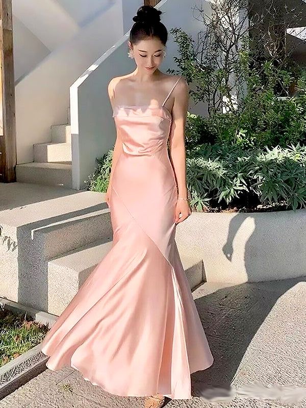 Elegant Light Pink Spaghetti Straps Mermaid Sleeveless Cheap Simple Evening Prom Dresses      cg25088