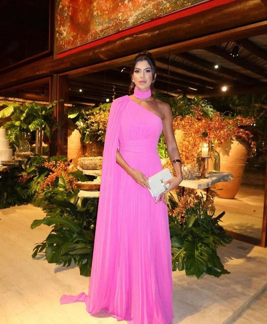 Fuchsia One Shoulder Prom Dress With Draped Sleeves Halter Neck Formal Party Gown Evening Dress    cg25126