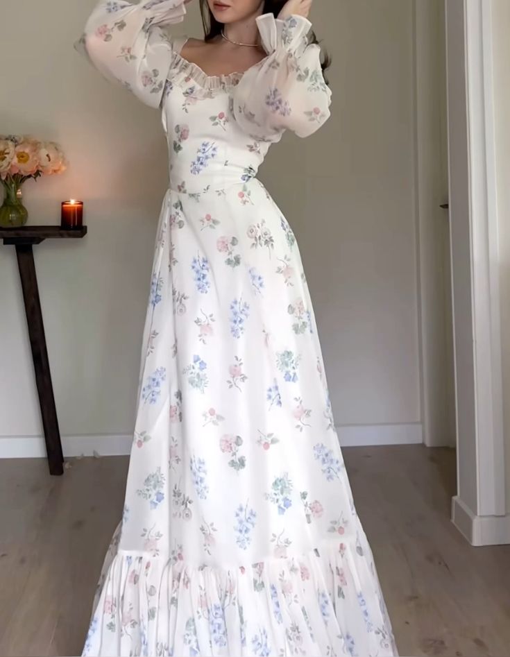 Elegant Flowers Print Ruffle Long Sleeve Prom Dresses       cg25150