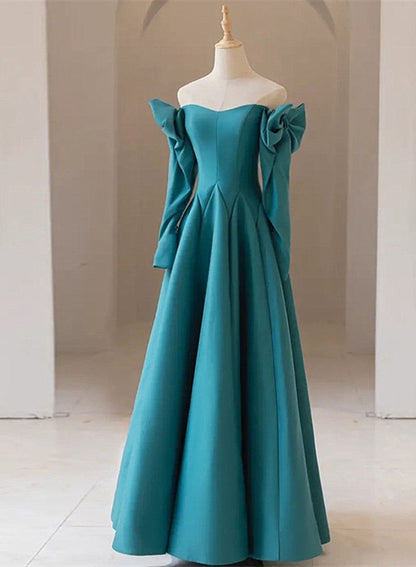 Teal Blue Long Sleeves with Bow A-line Sweetheart Prom Dress, Teal Blue Evening Dress     cg25044