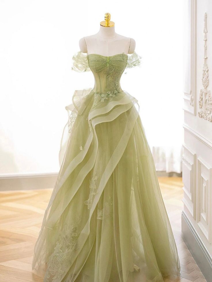 A-Line Off Shoulder Tulle Lace Green Long Prom Dress, Green Long Graduation Dress    cg25025