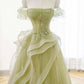 A-Line Off Shoulder Tulle Lace Green Long Prom Dress, Green Long Graduation Dress    cg25025